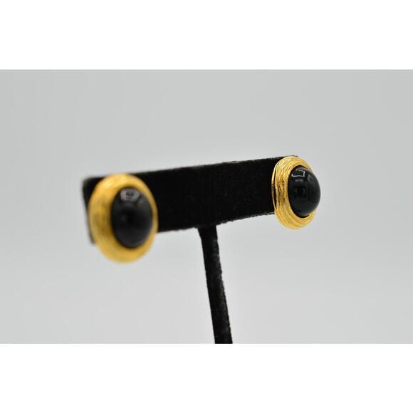Givenchy Vintage Cabochon Earrings Stud Brushed Gold Black Signed 1980s BinC - Picture 5 of 9